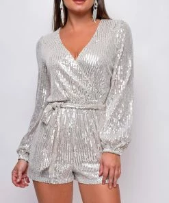 Emprada Tempo Silver Sequin Long Sleeve Belted Romper Jumpsuits & Rompers