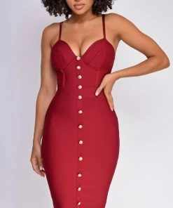 Emprada Dresses Nelinha Wine Red Gold Button Bandage Dress