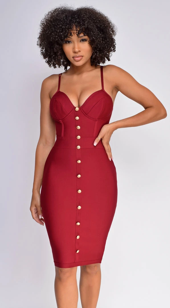 Emprada Dresses Nelinha Wine Red Gold Button Bandage Dress 2 Emprada Dresses Nelinha Wine Red Gold Button Bandage Dress