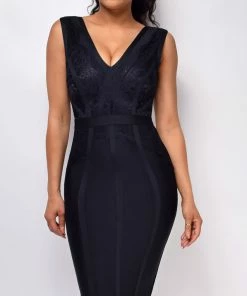 Emprada Tavia Black V Neck Lace Bandage Midi Dress Dresses