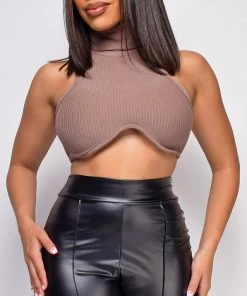 Emprada Tops Tuba Brown High Neck Crop Top