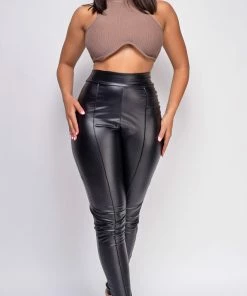 Emprada Angela Black PU Leather Pants Bottoms