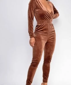 Emprada Tessa Mocha Brown Velvet Wrap Plunge Jumpsuit Velvet Dresses