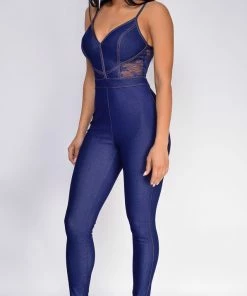 Emprada Jumpsuits & Rompers Noa Blue Lace Detail Denim Jumpsuit