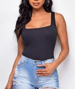Emprada Juliana Black Square Neck Bodysuit Tops