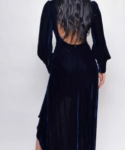 Emprada Dresses Charmed Navy Blue Velvet High Low Hem Ruffle Maxi Dress