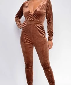 Emprada Tessa Mocha Brown Velvet Wrap Plunge Jumpsuit Velvet Dresses