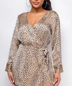 Emprada Jumpsuits & Rompers Ceres Brown Leopard Print Satin Wrap Romper