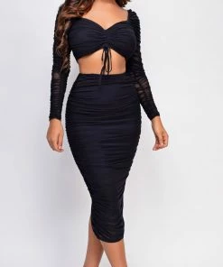 Emprada Kora Black Ruched Mesh Set Dresses