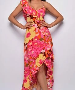 Emprada Morelia Fuchsia Pink Floral Print Ruffle Maxi Dress Dresses