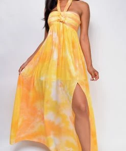 Emprada Dresses Lolita Yellow Tie Dye Halter Neck Maxi Dress