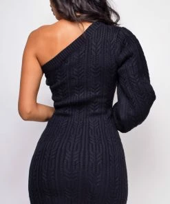 Emprada Dresses Lyon Black One Shoulder Sweater Dress