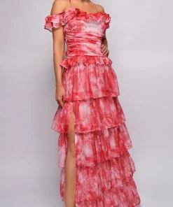 Emprada Dresses Lavera Red Tie Dye Ruffle Side Slit Maxi Dress