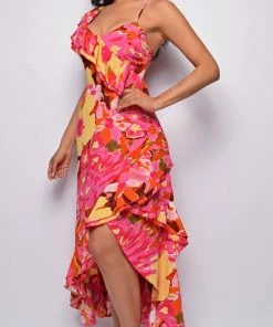Emprada Morelia Fuchsia Pink Floral Print Ruffle Maxi Dress Dresses