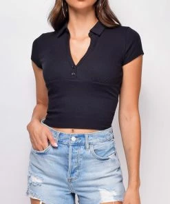 Emprada Tops Nora Black Ribbed Collar Top