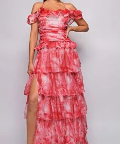 Emprada Dresses Lavera Red Tie Dye Ruffle Side Slit Maxi Dress