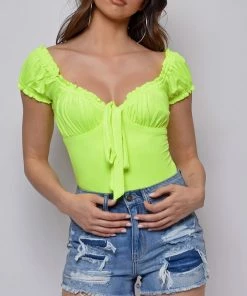 Emprada Bad Gal Neon Yellow Off Shoulder Puff Sleeve Bodysuit