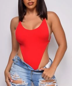Emprada Keep On Moving Red High Cut Bodysuit Tops