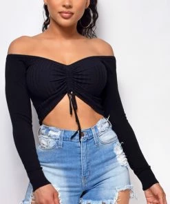 Emprada Arlo Black Ruched Long Sleeve Crop Top