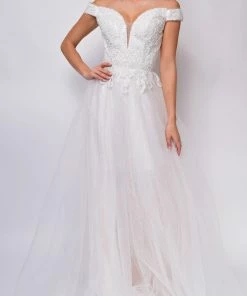 Emprada Dresses Nicole Sweetheart Neckline A-Line Lace Off Shoulder Layered Tulle Skirt Bridal Gown