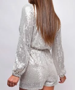 Emprada Tempo Silver Sequin Long Sleeve Belted Romper Jumpsuits & Rompers
