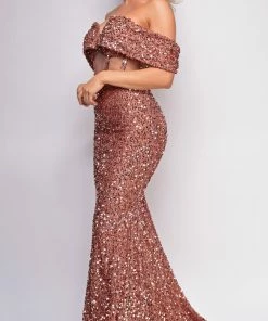 Emprada Dresses Valerie Rosewood Brown Off Shoulder Sequin Gown