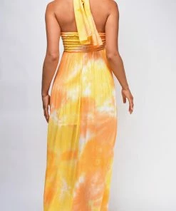 Emprada Dresses Lolita Yellow Tie Dye Halter Neck Maxi Dress