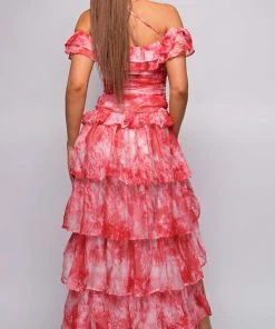 Emprada Dresses Lavera Red Tie Dye Ruffle Side Slit Maxi Dress