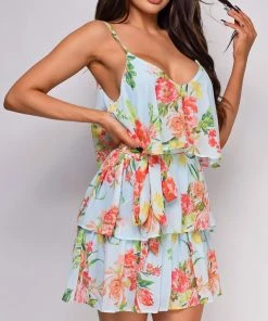 Emprada Maeve Blue Ruffle Tiered Floral Mini Dress Dresses