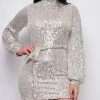 Emprada Heavenly Silver Sequin Long Sleeve Mock Neck Belted Mini Dress Dresses