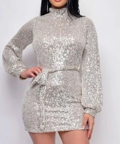 Emprada Heavenly Silver Sequin Long Sleeve Mock Neck Belted Mini Dress Dresses