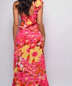 Emprada Morelia Fuchsia Pink Floral Print Ruffle Maxi Dress Dresses