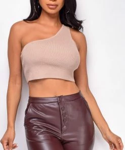 Emprada Tops Ira Beige One Shoulder Knit Top
