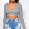 Emprada Evant Grey V Neck Button Crop Top Tops