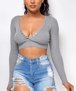 Emprada Evant Grey V Neck Button Crop Top Tops