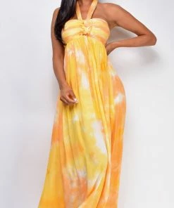 Emprada Dresses Lolita Yellow Tie Dye Halter Neck Maxi Dress