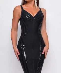 Emprada Little Black Dresses Altana Black Sequin Bandage Midi Dress