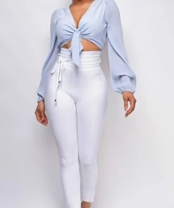 Emprada Hara White High Waist Belted Bandage Pants