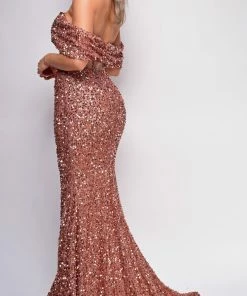 Emprada Dresses Valerie Rosewood Brown Off Shoulder Sequin Gown