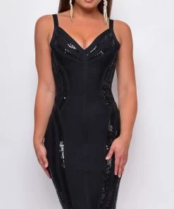 Emprada Little Black Dresses Altana Black Sequin Bandage Midi Dress