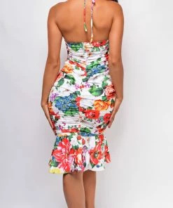 Emprada Dresses Alexandra White Floral Print Fluted Midi Dress