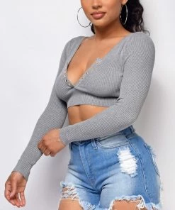 Emprada Evant Grey V Neck Button Crop Top Tops