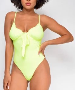 Emprada Give Notice Neon Yellow Ruched Tie Bodysuit Tops