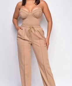 Emprada Madely Mocha Beige Bustier Wide Leg Pants Set
