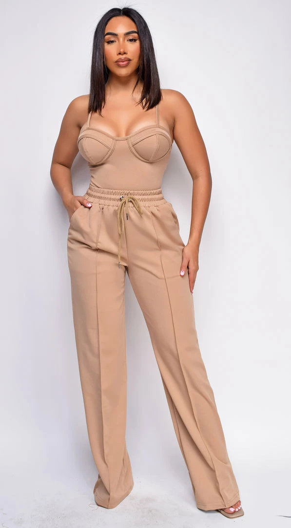 Emprada Madely Mocha Beige Bustier Wide Leg Pants Set 1 Emprada Madely Mocha Beige Bustier Wide Leg Pants Set