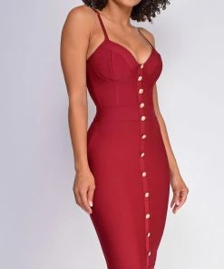 Emprada Dresses Nelinha Wine Red Gold Button Bandage Dress 6 Emprada Dresses Nelinha Wine Red Gold Button Bandage Dress