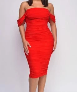 Emprada Kat Red Mesh Off Shoulder Dress