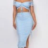 Emprada Elvia Pastel Blue Ruched Crop Top & Skirt Set