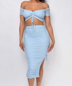 Emprada Elvia Pastel Blue Ruched Crop Top & Skirt Set