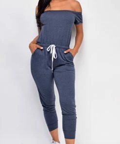 Emprada Loungewear Weekend Love Off Navy Blue Shoulder Jumpsuit